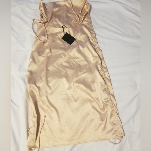 NWT LEAU Women's Classic Satin Drawstring Mini Dress Champagne Size XL - Picture 7 of 11